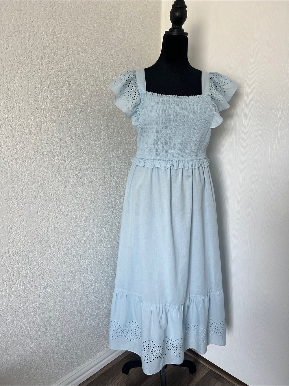 LC Lauren Conrad Light Blue Midi Dress with Smocked Bodice and Eyelet Sleeves